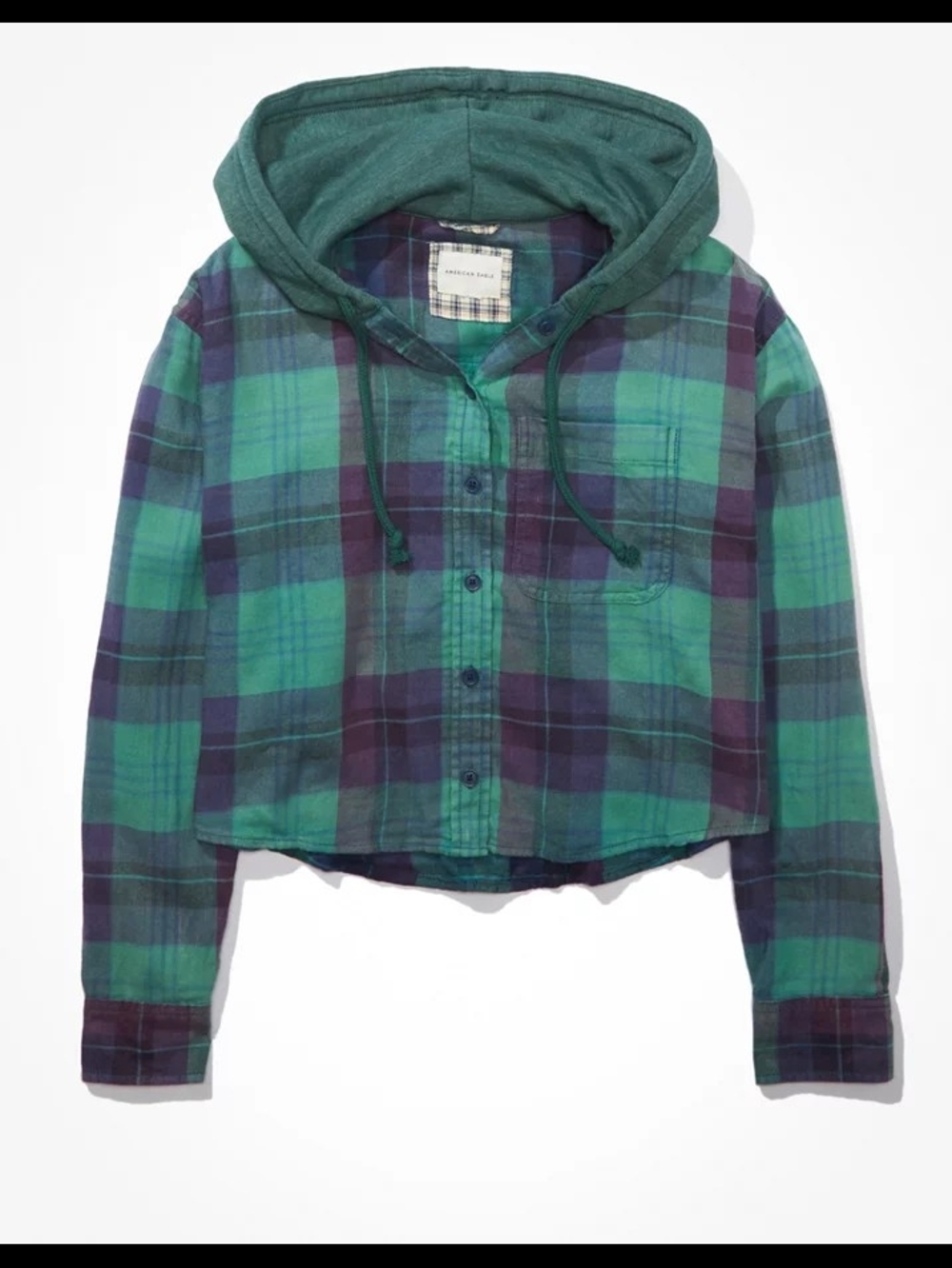 American Eagle Outfitters Green and Purple Plaid Hooded Button-Up